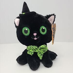 Kellytoy Plush Halloween Witch Cat Green Eyes Hat Bow Stuffed Animal Black Kitty